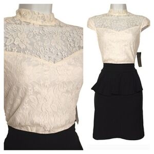 URBAN HEARTS Ivory Floral Lace Black Peplum Cap Sleeve Sheath Dress Large NWT